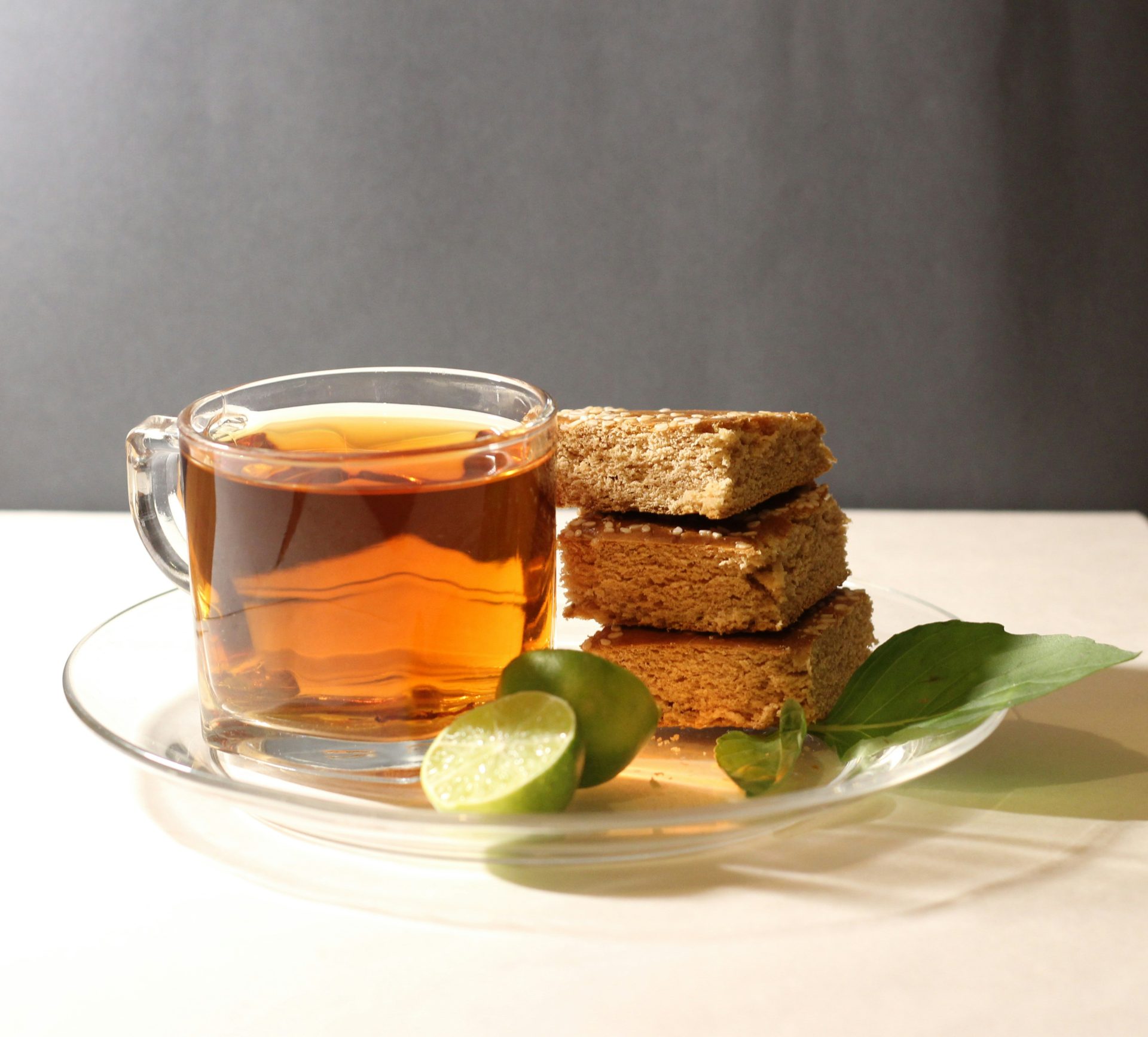Tea with lime and oat biscuits.